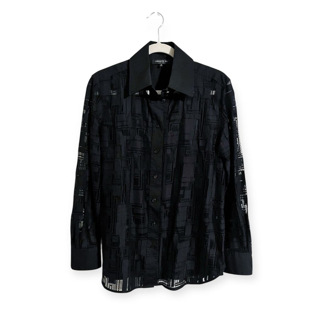 Lafayette 148 New York James Black Lace Sheer Button Up Blouse Size Medium - Picture 2 of 8